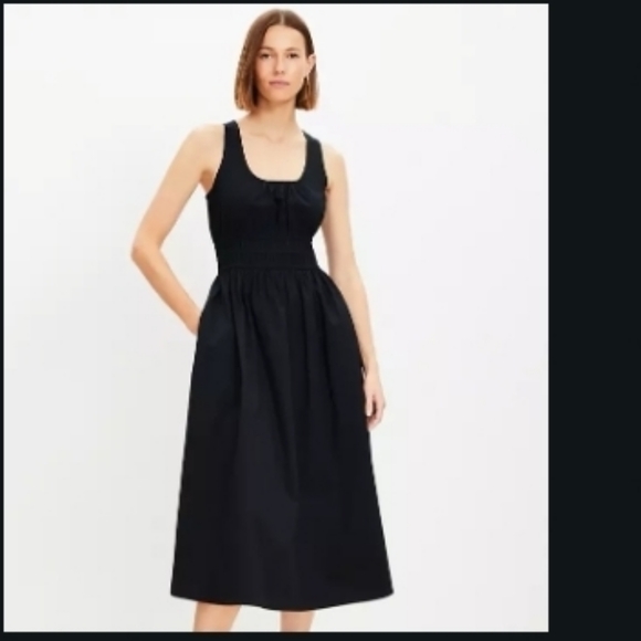 LOFT Black Smocked Midi Dress - Picture 1 of 6